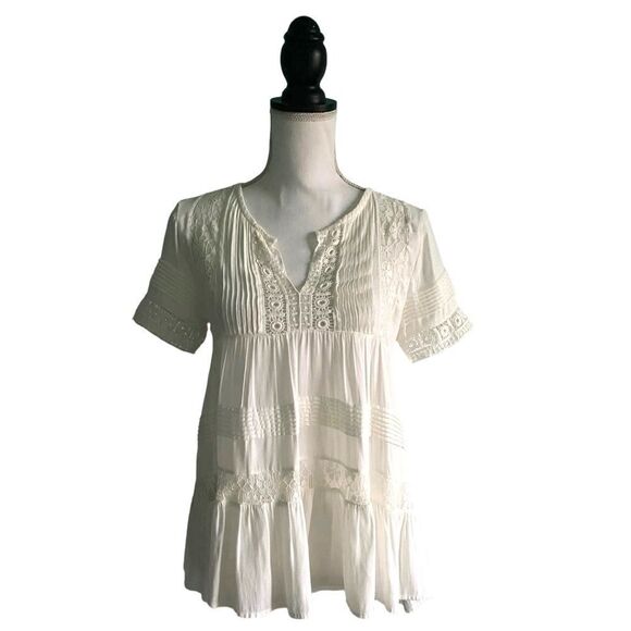 Maeve Boho Tiered Lace Crochet Tunic Top Ivory White Women’s Size Extra Small XS - Picture 2 of 9